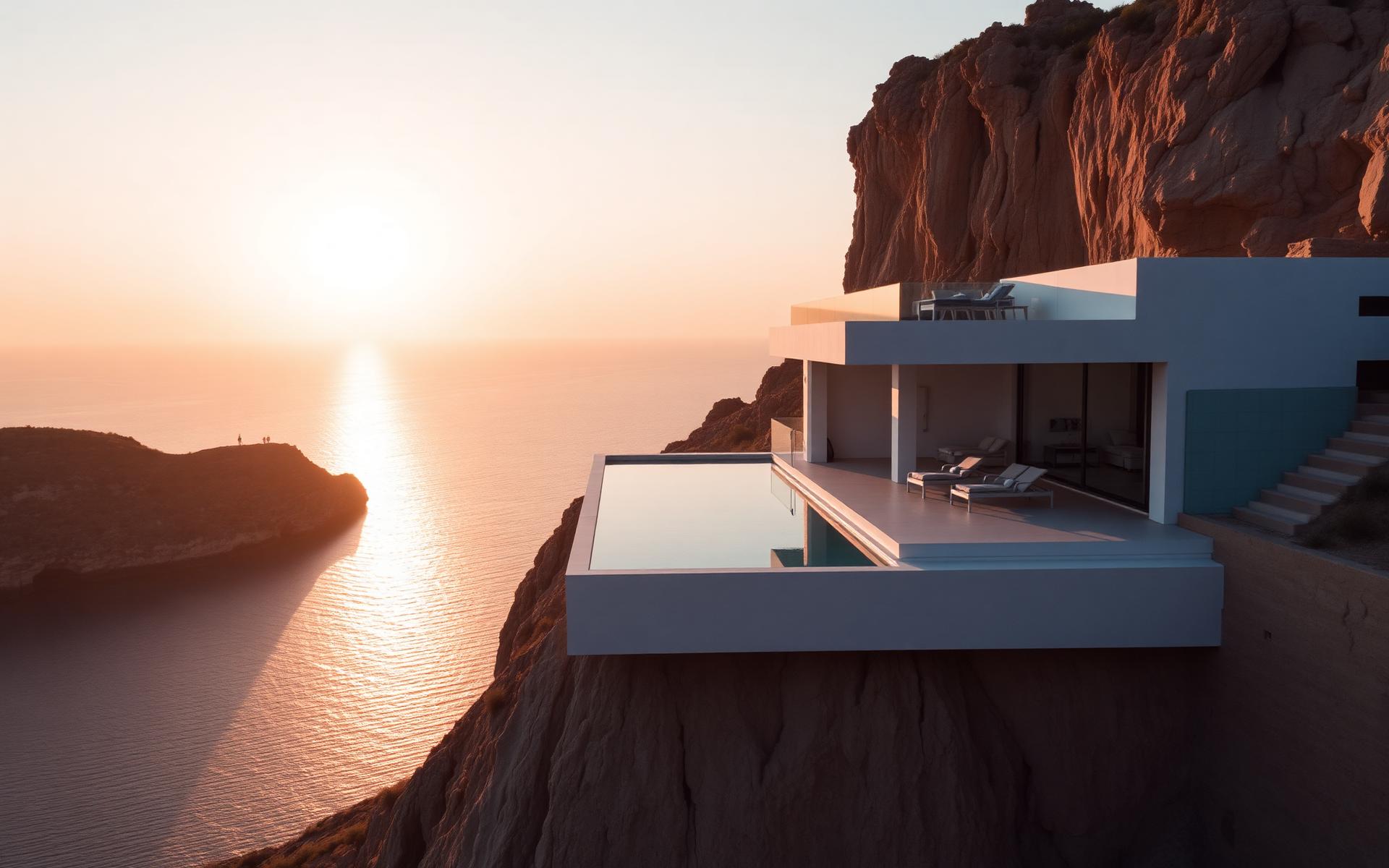 Aerial view of Mallorca coastline with turquoise sea, cliffs and a hillside villa at golden hour